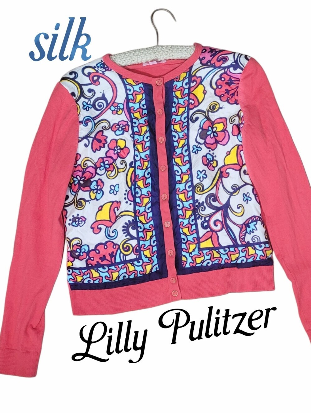 Lilly Pulitzer Coral Pink Silk Floral Panel Island Knit Cardigan Vintage?